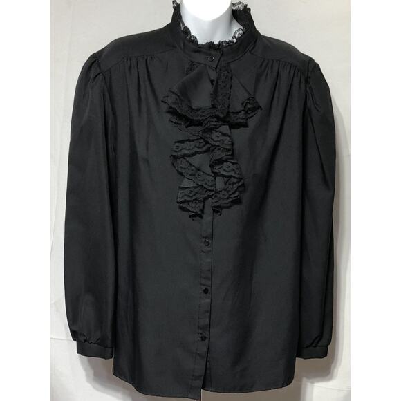Vintage 70s Blouse Top XL Ruffle Lace Collar Blk ILGWU Victorian Prairie Gothic - Picture 9 of 9
